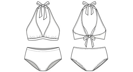 Technical Flat Sketch of Halter Neck Bikini Top and High-Waist Bottom Set Fashion Vector