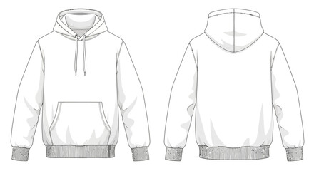 Technical Flat Sketch of Classic Pullover Hoodie Sweatshirt with Kangaroo Pocket Front and Back © Rishi