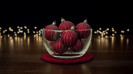 red christmas baubles in clear glass bowl on wooden table with warm festive bokeh lights, cozy holiday mood, concept of elegant winter celebration