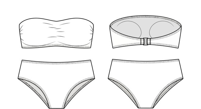 Technical Flat Sketch of Bandeau Bikini Top and High-Waist Bottom Set Fashion Vector