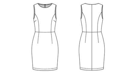 Technical Fashion Flat Sketch of Sleeveless Sheath Dress with Waist Seam Front and Back View