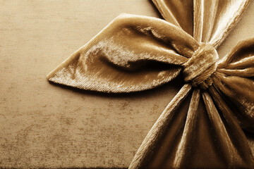 Luxurious golden velvet bow on wrapped gift, elegant holiday present decoration with soft shimmer, concept of christmas gifts and festive celebrations
