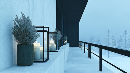 Scandinavian winter decor with lanterns and candles on the terrace of a modern house in a snowy forest, concept of Christmas and New Year styling