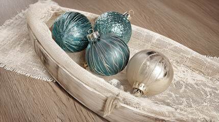 Christmas ornaments in rustic lace basket on wooden surface concept of winter holidays decor styling photography