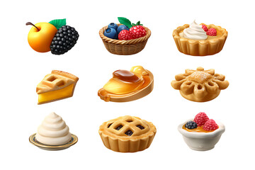 Delicious Assortment of Miniature Fruit Tarts and Pies on White Background.