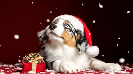 Australian shepherd puppy in santa hat lying near red gift box on festive snowy background concept of christmas marketing pets care dog accessories