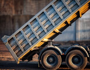 Fototapeta premium Hydraulic Tipping Dump Truck in Action at Industrial Site