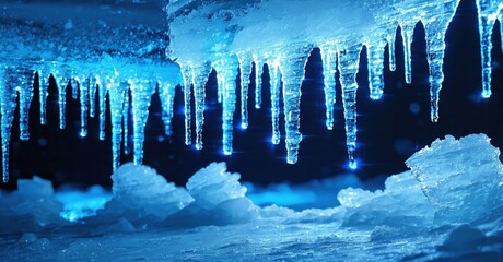 Frozen water formations hang from cave ceiling. Blue hues dominate scene, creating icy atmosphere. Texture appears brittle, fragile.