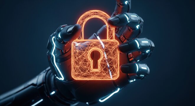 Robotic arm holding glowing digital padlock representing cybersecurity data protection and secure online access