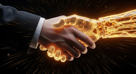 Human hand shaking robot hand signifying technology integration and futuristic partnership with digital connection