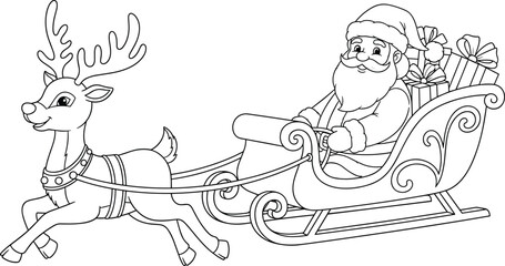 Santa sleigh drawing, reindeer sketch, Christmas line art, holiday illustration, festive scene, gift delivery, flat vector illustration