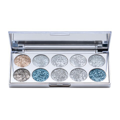 Frosted silver eyeshadow palette with icy sparkle. Isolated white background. Png format
