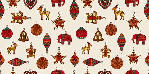 Seamless pattern featuring vibrant folk style ornaments, animals, and geometric shapes in warm tones, creating a festive and handcrafted decorative design. Vector art