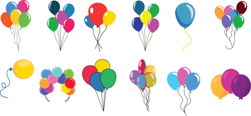 Balloons in cartoon flat style isolated set on white background. Bunch of balloons - stock vector. Balloons in cartoon flat style. Bunch of balloons. Colored balloons in simple style. Water color. © Graphics Things