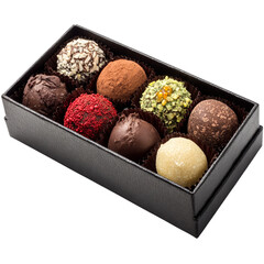 Gourmet chocolate gift box with assorted truffles. Isolated white background. Png format