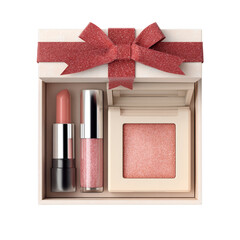 Holiday gift set box with mini lip gloss, highlighter, and blush. Isolated white background. Png format