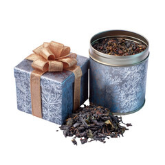 Holiday tea gift set with decorative tin and loose leaves. Isolated white background. Png format