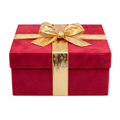 Luxury holiday gift set with red velvet box and gold ribbon. Isolated white background. Png format