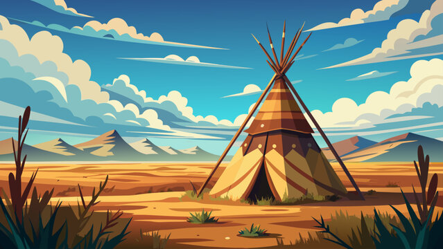 Very beautiful vintage worn leather teepee with subtle fringe details standing alone on a wide open prairie, surrounded by untouched grasslands and majestic cloud formations beneath a calm blue sky, 