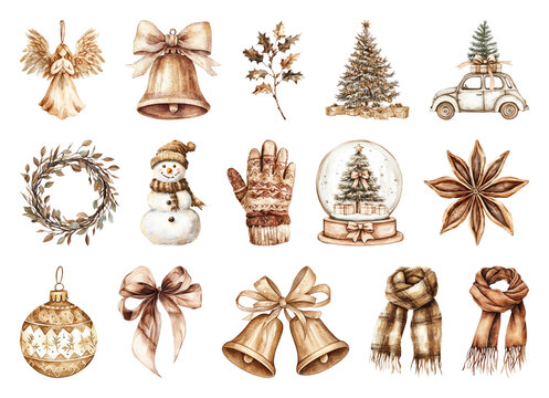 PNG Vintage Christmas festive illustrations, element set on transparent background