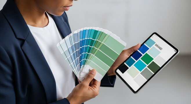 Designer thoughtfully selecting brand colors, comparing physical swatches with a digital palette on a tablet for a cohesive visual identity and professional presentation