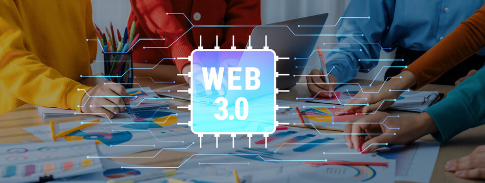 A collaborative team engages in a brainstorming session focused on Web 3.0 development, surrounded by colorful graphs and digital elements for innovative solutions. Trope
