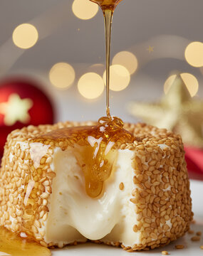 Macro Honey-Dripped Tetilla Cheese Bite with Sesame &ndash; Festive Spanish Style