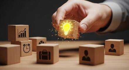 Hand places wooden cube with glowing lightbulb on top representing innovation and creative solution for business success