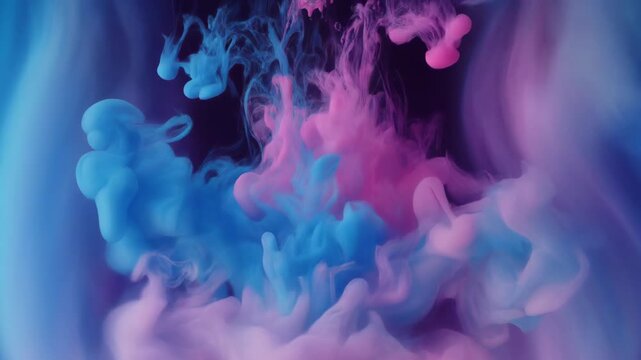 Captivating slow motion shot of blue and pink inks swirling together to create an mesmerizing abstract pattern in liquid, on a dark purple background.