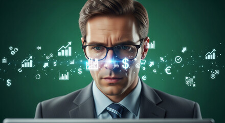 Businessman using augmented reality glasses to analyze financial data and market trends with a holographic interface