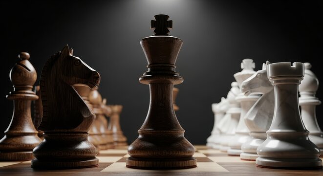Chess pieces stand poised on a chessboard ready for strategic gameplay and intellectual challenge in a battle of wits