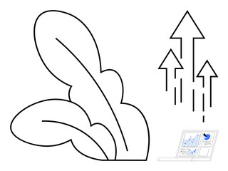 Large plant leaves emphasize natural growth, rising arrows symbolize upward momentum, and a laptop with analytics highlights data-driven insights. Ideal for nature, growth, success, analytics