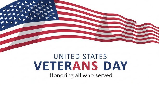 Patriotic Veterans Day greeting with waving American flag honors those who served, perfect for holiday events, social media, or memorial celebrations