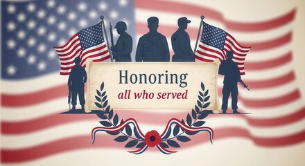 Honor our heroes with this patriotic design featuring American flags and soldiers silhouettes, perfect for Memorial Day and Veterans Day promotions
