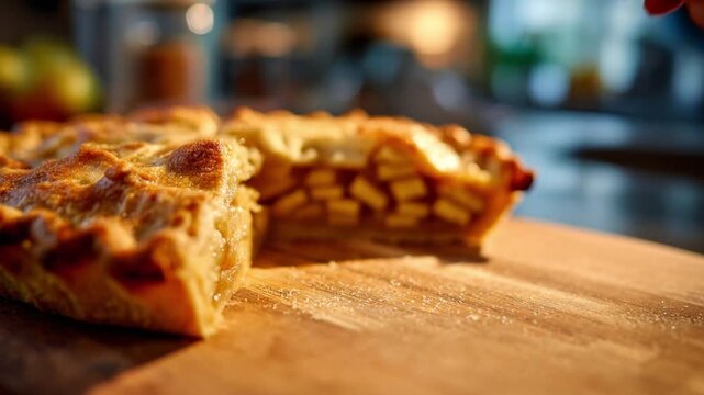 Woman's hands takes a slice of a homemade apple pie with a golden crust