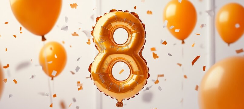 Joyous Eighth Birthday Celebration with Colorful Balloons, Golden Eight Balloon, and Confetti Fun