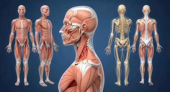 Detailed human anatomy showcasing muscles and skeletal structure for medical reference and educational purposes, providing a comprehensive look at the body