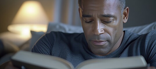 Young man deeply engrossed in reading a book at night on his cozy bed in a peaceful home setting.