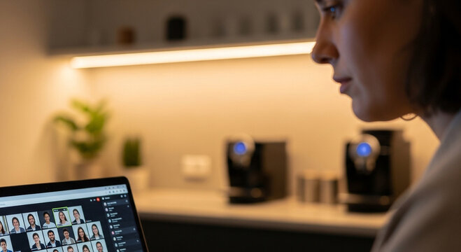 Focused woman participating in a virtual video conference call from her modern home office, engaging with colleagues in an online meeting