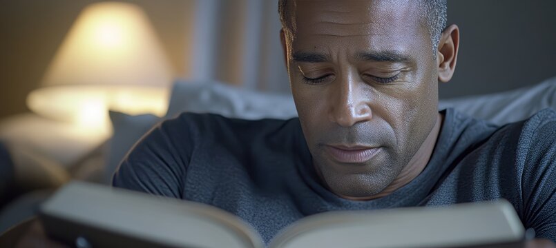 Young man deeply engrossed in reading a book at night on his cozy bed in a peaceful home setting. - Powered by Adobe