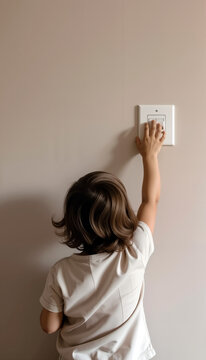 Child playing with light switch on beige wall indoors  