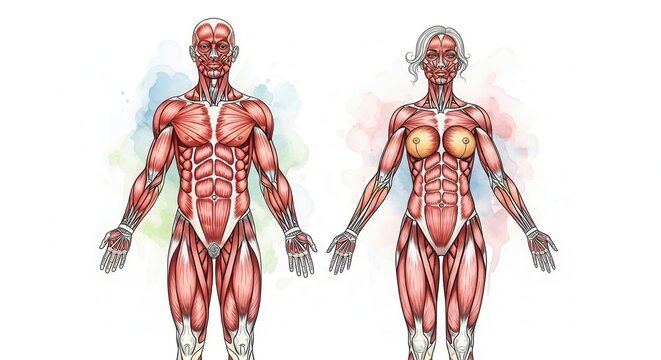 Discover the beauty of human anatomy with this detailed muscle structure illustration for educational purposes and medical reference, showcasing both male and female figures
