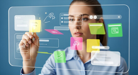 Innovative businesswoman managing a project on a futuristic virtual touchscreen dashboard