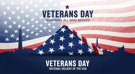 Patriotic Veterans Day tribute with American flag and Washington DC skyline silhouette honoring national service and sacrifice for USA pride and remembrance