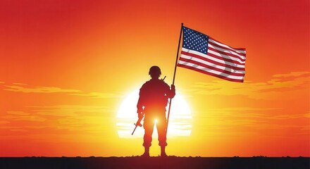 Stunning silhouette of soldier holding American flag against vibrant sunset sky, symbolizing patriotism, service, and remembrance for use in patriotic campaigns