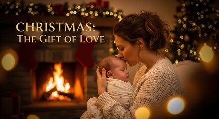 Cozy Christmas moment of a mother gently kissing her sleeping newborn baby near a warm fireplace and festive tree creating a loving holiday memory