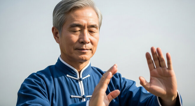 Serene senior man practicing Tai Chi Chuan for mindful wellness and inner peace