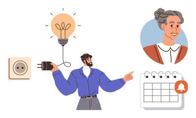 Man extends plug towards lightbulb, symbolizing ideas. Includes calendar with alert icon and senior portrait. Ideal for energy, innovation, planning, caregiving, reminders, senior services simple