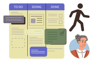 Task board sections labeled To Do, Doing, and Done with color-coded cards, a running figure representing progress, and a smiling woman. Ideal for teamwork, organization, time management © robu_s