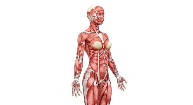 Detailed female muscular system anatomy for medical reference and education, showcasing muscle structure and anatomical precision on a clean white backdrop